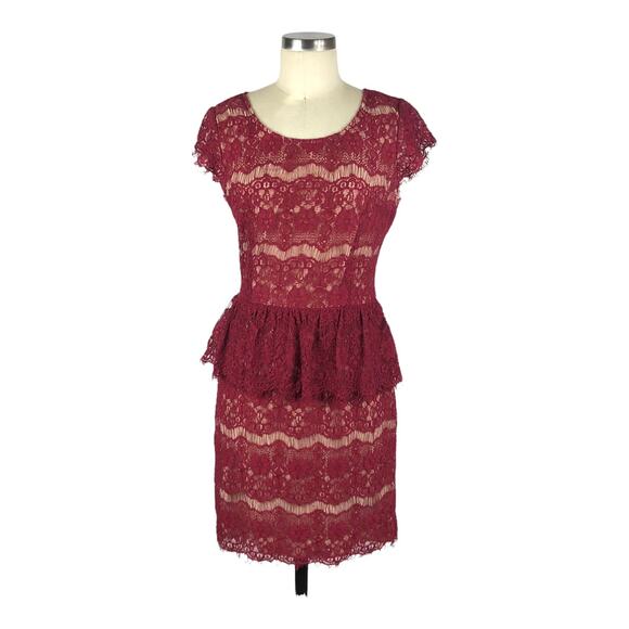MAEVE ANTHROPOLOGIE Elsa Red Lace Peplum Mini Dress Size Medium Lined - Picture 1 of 6